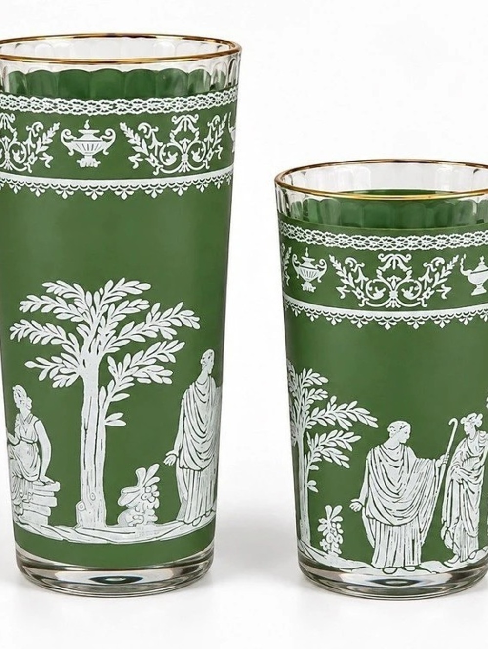 Vintage Jeannette Glass Hellenic Green Greco Roman Tumblers Gold Rim Set of 2